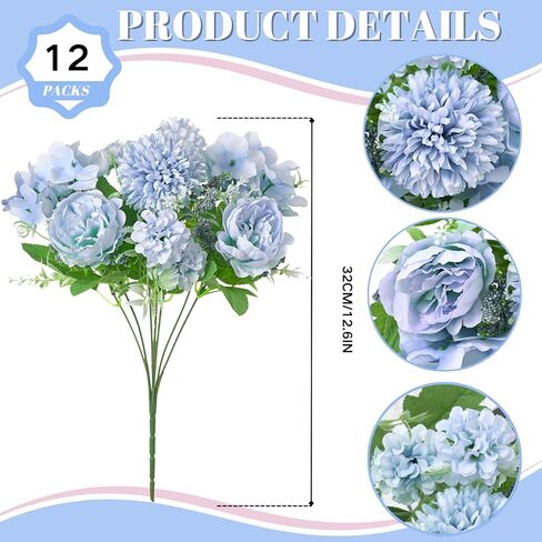 ASTRYAS Blue Artificial Flowers, 12Pcs Fake Peony Silk Peonies for Decoration Blue Faux Flower Arrangements for Spring Office Home Decor Wedding Party (Light Blue) in Saudi Arabia