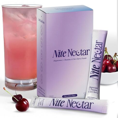 Nite Nectar Magnesium Glycinate Powder مكمل لتعزيز النوم - عبوات مزيج مشروب موكتيل سليبي مع تارت الكرز والل-ثيانين للاسترخاء الهادئ - خالية من السكر والميلاتونين، تم اختبارها معمليًا - 12 قطعة in Saudi Arabia