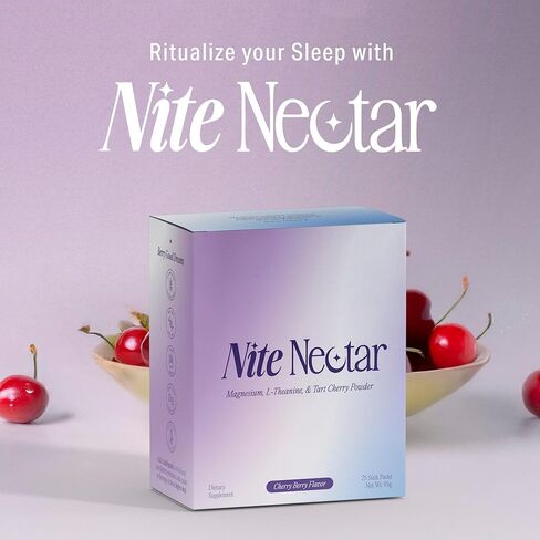 Nite Nectar Magnesium Glycinate Powder مكمل لتعزيز النوم - عبوات مزيج مشروب موكتيل سليبي مع تارت الكرز والل-ثيانين للاسترخاء الهادئ - خالية من السكر والميلاتونين، تم اختبارها معمليًا - 12 قطعة in Saudi Arabia