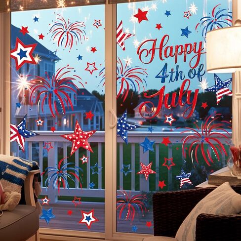 FYSUIMU 9 Sheets 4th of July Window Cling Sticker Patriotic Stars Fireworks Reusable Window Decals for Independence Day Party Home Classroom Decor in Saudi Arabia