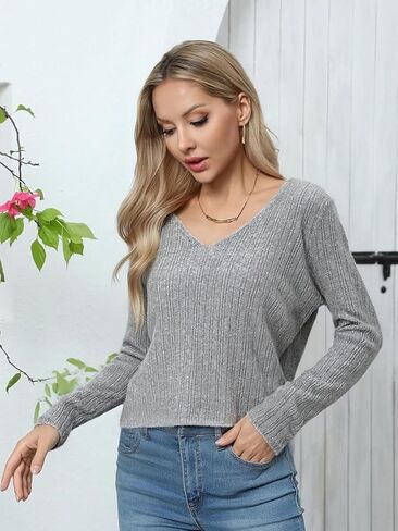Simple&Opulence المرأة كم طويل سترة برقبة على شكل v خارج الكتف ضوء اقتصاص البلوزات للنساء رداء علوي من الصوف S-XL in Kuwait