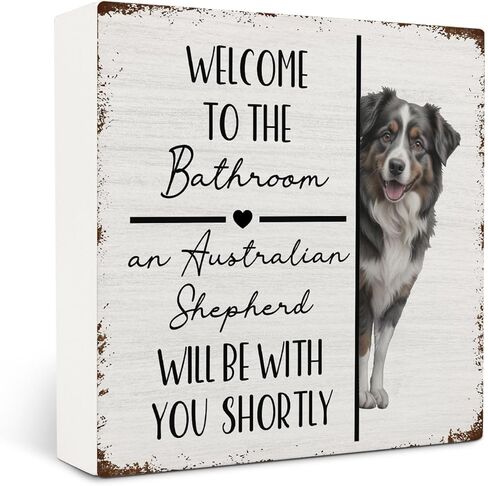 OVAcational Funny Australian Shepherd Bathroom Wooden Box Sign Decor, Australian Shepherd Lover Gifts, Welcome to the Bathroom Dog Wood Block Sign for Washroom Counter Shelf Wall Decorations, 5x5 Inch in Kuwait
