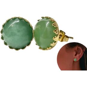 Natural Jade Stud Earrings Crown Setting 12mm, Gold-Plated Stainless Steel Hypoallergenic, Genuine Round Green Gemstone, Jade Jewelry Gifts for Women Girls in Kuwait