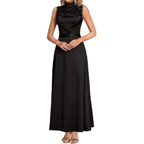 فستان VKIHOC نسائي طويل رسمي من الساتان أنيق برقبة وهمية مكشكشة لحفلات الكوكتيل وحفلات الزفاف مع حزام in Kuwait