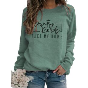 HHLLEOJK Western Sweatshirt Women Country Roads Take Me Home Graphic Vintage Country Music Lover Pullovers Crewneck Top in Saudi Arabia