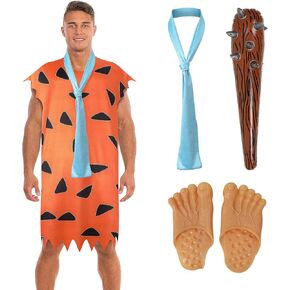 IROOZIGOTO 4Pcs Caveman Costume Adult Classic Orange Tunic with Tie Inflatable Mace Feet Covers Halloween Costume Cosplay in Saudi Arabia