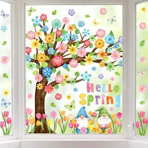 Whaline 6 Sheets Spring Floral Tree Window Cling Stickers Watercolor Gnome Tulip Flower Butterfly Window Decals Large Reusable Window Decoration for Party Home Office Classroom in Saudi Arabia