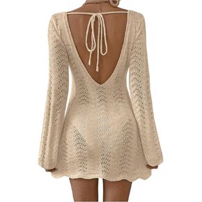 Floerns Women's Hollow Out Knitted Beach Dress Long Sleeve Tie Backless Vacation Cover Up in Kuwait