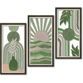 Putuo Decor Abstract Boho Wall Art Set of 3, Modern Geometric Design with Green, Pink, and Beige Tones for Living Room Bedroom Office, Minimalist Wooden Panel Decor in Saudi Arabia