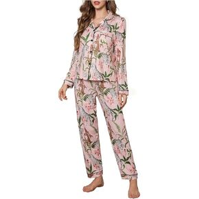 WDIRARA Women's Floral Tiger Print Pajama Set Long Sleeve Button Down Lounge Pants Sets in Saudi Arabia