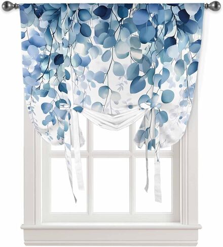 WEEKA CLSNE Blue Eucalyptus Leaves Tie Up Curtains for Kitchen Living Room, Spring Farmhouse Thermal Insulated Adjustable Tie Up Shade Rod Pocket Panel for Small Window, Botanical Leaf 34" W x 45" L in Saudi Arabia