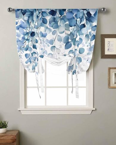 WEEKA CLSNE Blue Eucalyptus Leaves Tie Up Curtains for Kitchen Living Room, Spring Farmhouse Thermal Insulated Adjustable Tie Up Shade Rod Pocket Panel for Small Window, Botanical Leaf 34" W x 45" L in Saudi Arabia