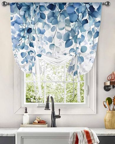 WEEKA CLSNE Blue Eucalyptus Leaves Tie Up Curtains for Kitchen Living Room, Spring Farmhouse Thermal Insulated Adjustable Tie Up Shade Rod Pocket Panel for Small Window, Botanical Leaf 34" W x 45" L in Saudi Arabia