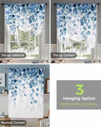 WEEKA CLSNE Blue Eucalyptus Leaves Tie Up Curtains for Kitchen Living Room, Spring Farmhouse Thermal Insulated Adjustable Tie Up Shade Rod Pocket Panel for Small Window, Botanical Leaf 34" W x 45" L in Saudi Arabia