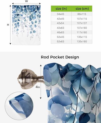 WEEKA CLSNE Blue Eucalyptus Leaves Tie Up Curtains for Kitchen Living Room, Spring Farmhouse Thermal Insulated Adjustable Tie Up Shade Rod Pocket Panel for Small Window, Botanical Leaf 34" W x 45" L in Saudi Arabia