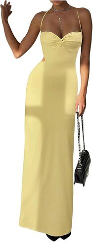 OYOANGLE Women's Criss Cross Backless Bodycon Cami Maxi Dress Spaghetti Strap High Slit Wedding Guest Dresses in Saudi Arabia