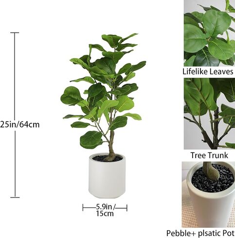Verdeora 25" Fiddle Leaf Fig Artificial Fake Plants, Floor Plant with Realistic Plastic Leaves & Cement Pot, Lifelike Home Decor for Living Room, Low Maintenance Housewarming Gift for Plant Lovers in Saudi Arabia