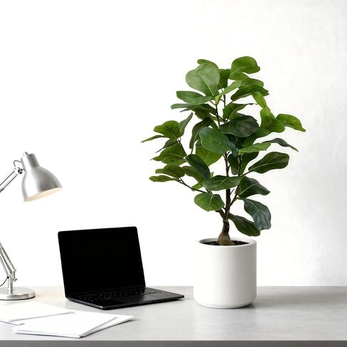 Verdeora 25" Fiddle Leaf Fig Artificial Fake Plants, Floor Plant with Realistic Plastic Leaves & Cement Pot, Lifelike Home Decor for Living Room, Low Maintenance Housewarming Gift for Plant Lovers in Saudi Arabia
