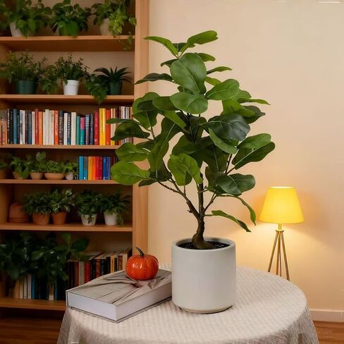 Verdeora 25" Fiddle Leaf Fig Artificial Fake Plants, Floor Plant with Realistic Plastic Leaves & Cement Pot, Lifelike Home Decor for Living Room, Low Maintenance Housewarming Gift for Plant Lovers in Saudi Arabia