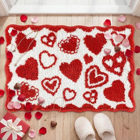 Dunzy Valentine's Day Heart Tufted Bathroom Rugs Romantic Red Heart Mat Soft Absorbent Non Slip Microfiber Bath Rugs Machine Washable for Valentine Gift Anniversary Home Room Decoration, 20 x 23 Inch in Saudi Arabia