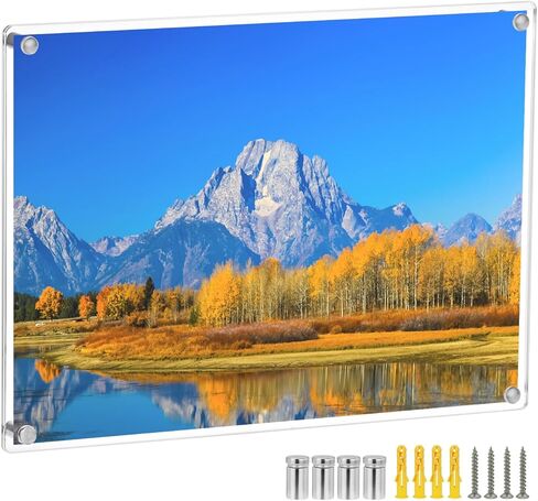 QWORK 8.5x12 Clear Acrylic Floating Frameless Picture Frame - Double Panel, Wall Mount, UV Protection, for Degrees, Certificates, Photos (Full Frame 9.4x13.4 inch) in Saudi Arabia