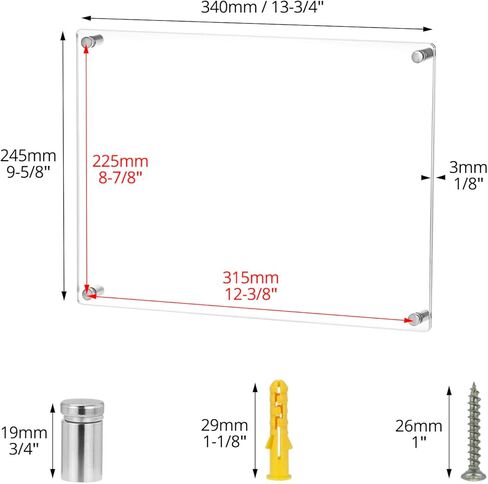 QWORK 8.5x12 Clear Acrylic Floating Frameless Picture Frame - Double Panel, Wall Mount, UV Protection, for Degrees, Certificates, Photos (Full Frame 9.4x13.4 inch) in Saudi Arabia