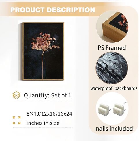 WALLZK Vintage Framed Wall Art Moody Botanical Wall Decor Dark Dried Flower Minimalist Canvas Prints Pictures Rustic Retro Artwork for Walls Living Room Bedroom Bathroom 8"x10" in Saudi Arabia