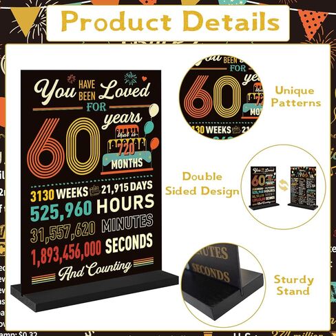 Yoyuspy 60th Birthday Decorations for Women Men, Double-Sided Printing Vintage Back in 1966 Acrylic Poster Sign with Stand Gifts, Cheer to 60 Years Party Over the Hill Table Decor Supplies in Saudi Arabia