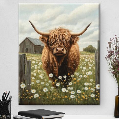 Farmhouse Highland Cow Wall Art Decor Rustic Cow Dandelion Canvas Print Poster Painting Pictures Animal Artwork Framed for Home Bathroom Kitchen Wall Decoration 8x10 Inches in Saudi Arabia
