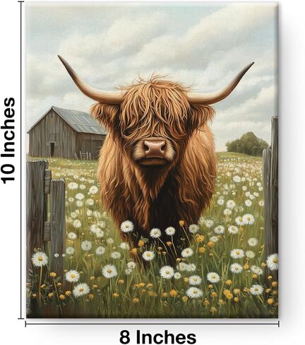 Farmhouse Highland Cow Wall Art Decor Rustic Cow Dandelion Canvas Print Poster Painting Pictures Animal Artwork Framed for Home Bathroom Kitchen Wall Decoration 8x10 Inches in Saudi Arabia