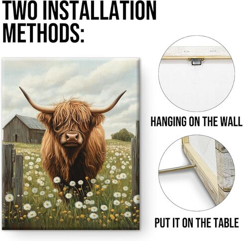 Farmhouse Highland Cow Wall Art Decor Rustic Cow Dandelion Canvas Print Poster Painting Pictures Animal Artwork Framed for Home Bathroom Kitchen Wall Decoration 8x10 Inches in Saudi Arabia