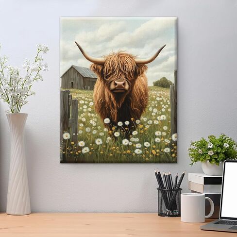 Farmhouse Highland Cow Wall Art Decor Rustic Cow Dandelion Canvas Print Poster Painting Pictures Animal Artwork Framed for Home Bathroom Kitchen Wall Decoration 8x10 Inches in Saudi Arabia