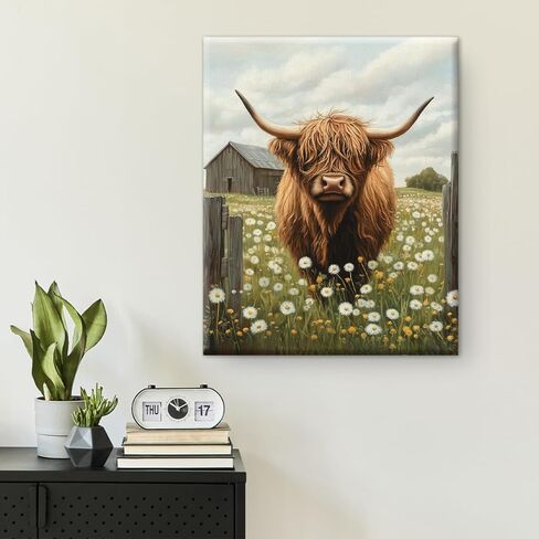 Farmhouse Highland Cow Wall Art Decor Rustic Cow Dandelion Canvas Print Poster Painting Pictures Animal Artwork Framed for Home Bathroom Kitchen Wall Decoration 8x10 Inches in Saudi Arabia