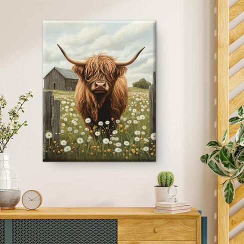 Farmhouse Highland Cow Wall Art Decor Rustic Cow Dandelion Canvas Print Poster Painting Pictures Animal Artwork Framed for Home Bathroom Kitchen Wall Decoration 8x10 Inches in Saudi Arabia