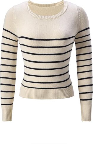 winkbay Women's Striped Crew Neck Sweater Dressy Casual Long Sleeve Fitted Ribbed Knit Pullover Tops in Saudi Arabia