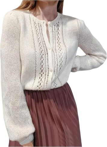 GORGLITTER Women's Crochet Cardigan Pearl Button Down Crew Neck Long Sleeve Mohair Knit Sweaters in Saudi Arabia