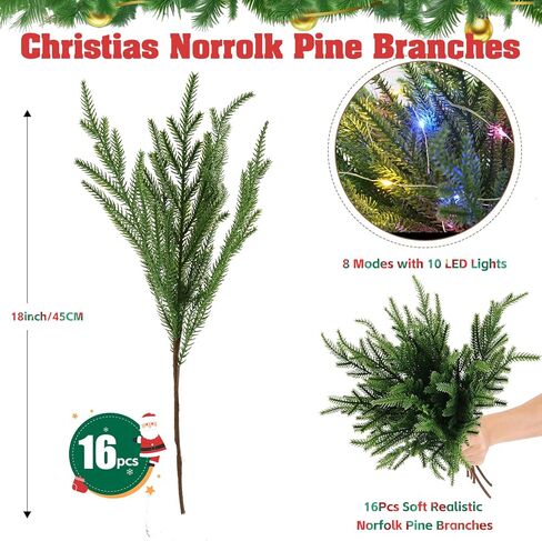 YUNZEYOYT Norfolk Pine Stems, 16 Pcs Real Touch Pine Branches with Lights Christmas Decorations Artificial Greenery Stems for Christmas Table Decor Mantel DIY Garland Home Decorations in Saudi Arabia