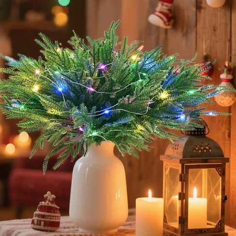 YUNZEYOYT Norfolk Pine Stems, 16 Pcs Real Touch Pine Branches with Lights Christmas Decorations Artificial Greenery Stems for Christmas Table Decor Mantel DIY Garland Home Decorations in Saudi Arabia