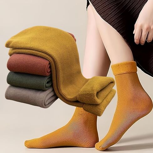 4-Pair Soft Velvet Slim Thermal Socks for Women and Men Vertical Stripe Fleece-Lined Mid-Calf Warm Floor Socks in Saudi Arabia