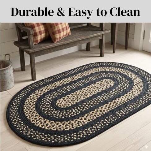 Charleston Jute Braided Rugs 2x3' Rectangular - Country Primitive Black and Brown Rug for Kitchens, Entryways, and Bathrooms in Saudi Arabia
