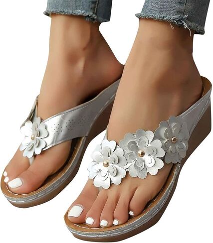 Nkgra Orthopedic Wedge Flip Flops for Women Floral Slip On Open Toe Thong Sandals Slippers Summer Beach Shoes Wide Width Flats in Saudi Arabia