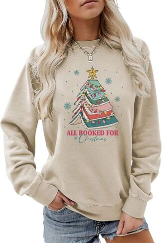 MUYLANTEZ Christmas Sweatshirts for Women Christmas Tree Graphic Long Sleeve Shirt All Booked For Christmas Xmas Holiday Tops in Saudi Arabia