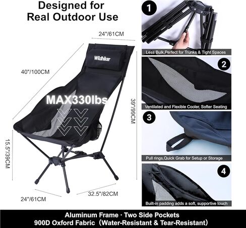 Portable Lightweight Folding Camping Chair – High Back, Pillow, Arm Flaps, Side Pockets – Compact Chair for Motorcycle, RV, Festival, Travel – Black in Saudi Arabia