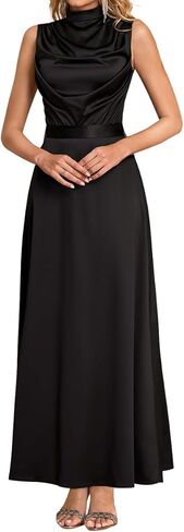 فستان VKIHOC نسائي طويل رسمي من الساتان أنيق برقبة وهمية مكشكشة لحفلات الكوكتيل وحفلات الزفاف مع حزام in Kuwait