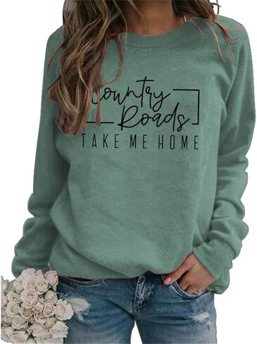 HHLLEOJK Western Sweatshirt Women Country Roads Take Me Home Graphic Vintage Country Music Lover Pullovers Crewneck Top in Saudi Arabia
