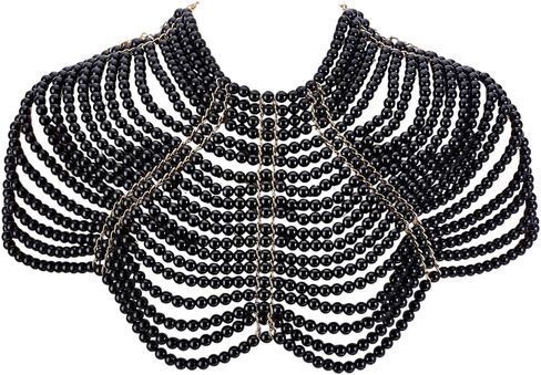AHANDMAKER Pearls Black Body Chain Shoulder Necklace Adjustable Beaded Bra Chain Resin Gothic Jewelry for Women Party Wedding Backless Dress Costume Decoration 14.25-21.14 Inch in Saudi Arabia