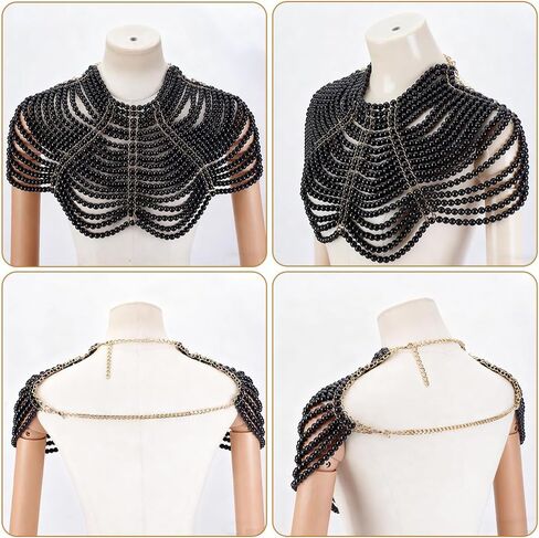 AHANDMAKER Pearls Black Body Chain Shoulder Necklace Adjustable Beaded Bra Chain Resin Gothic Jewelry for Women Party Wedding Backless Dress Costume Decoration 14.25-21.14 Inch in Saudi Arabia