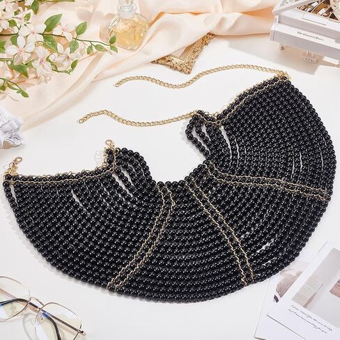 AHANDMAKER Pearls Black Body Chain Shoulder Necklace Adjustable Beaded Bra Chain Resin Gothic Jewelry for Women Party Wedding Backless Dress Costume Decoration 14.25-21.14 Inch in Saudi Arabia