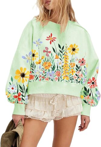 Yuemengxuan Womens Crewneck Sweatshirts Y2k Graphic Hoodies Cropped Drop Shoulder Preppy Aesthetic Oversized Sweatshirt in Saudi Arabia