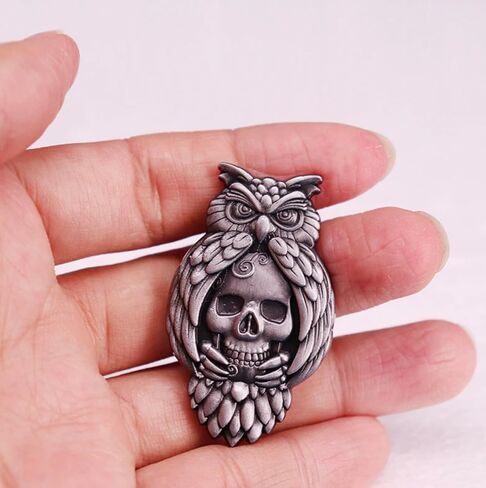 Owl Bird Talons Eyes Skull Skeleton Punk Biker 1.75" Enamel Pin Badge in Saudi Arabia